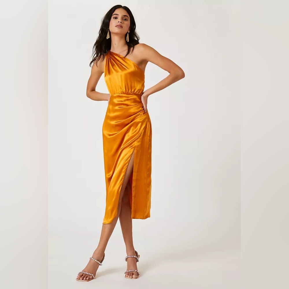 One-shoulder silk midi dress, gold, bronze
